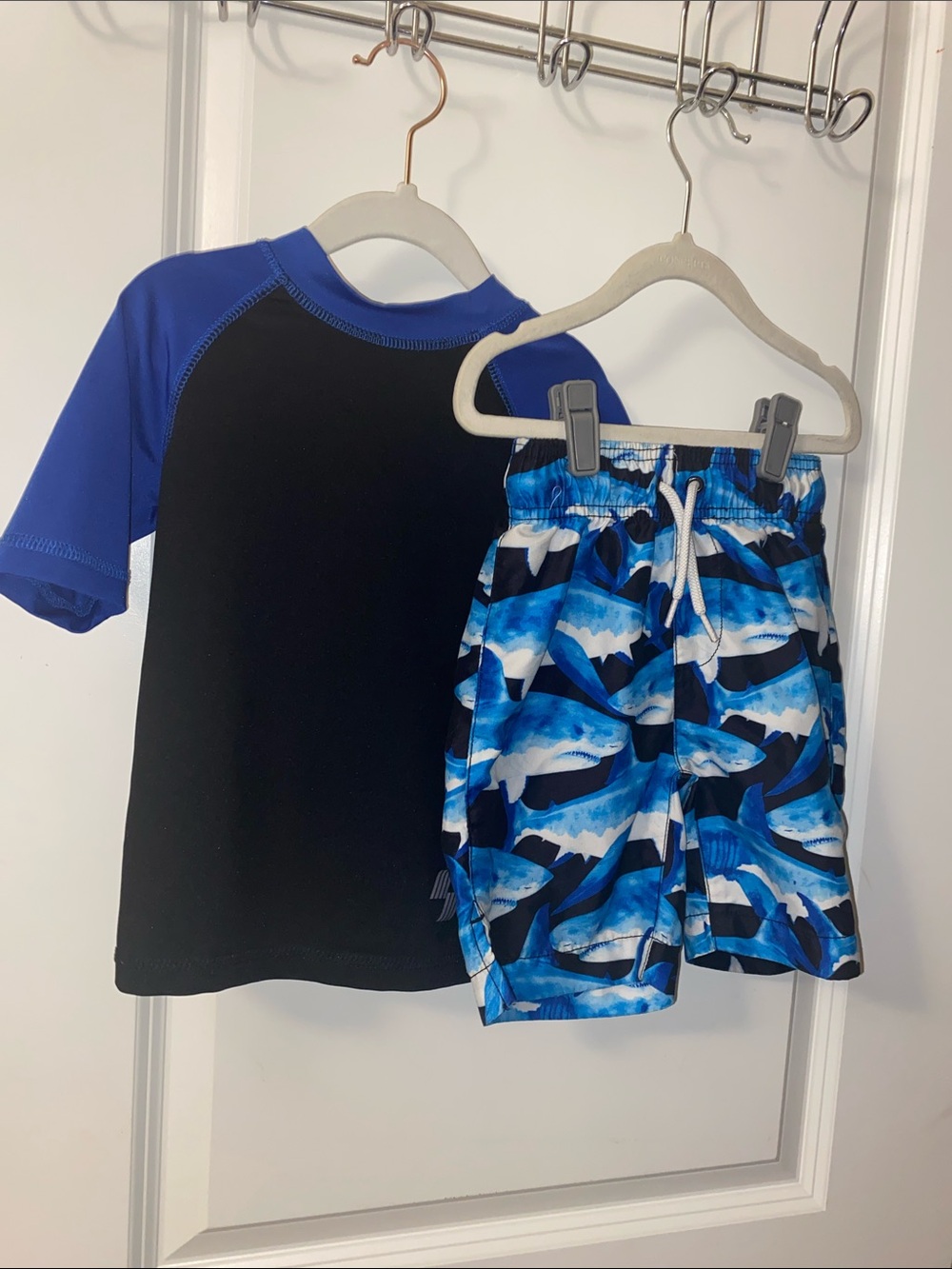 Boys Blue & Black Rash Guard Swim Set with Shark-Print Trunks